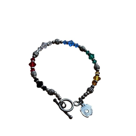 Glass Beaded Bracelet Multicolor Silvertone Baby Feet Charm Toggle Clasp 6.5 in - Picture 2 of 3